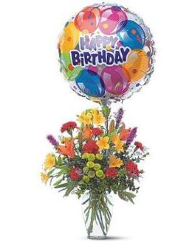 <p>Take their special day to new heights with a vibrant bouquet paired with a cheerful foil balloon. Designed to make birthdays brighter, this festive gift is bursting with color, charm, and party-ready energy.</p>
<p>This delightful bouquet features a mix of alstroemeria, carnations, chrysanthemums, and lilies, all arranged in a classic clear glass vase. Topped with a celebratory “Happy Birthday” balloon, it’s a fun and thoughtful surprise that feels like a party in bloom.</p>
<p>Perfect for recipients of all ages, this bouquet is ideal for friends, family members, coworkers, or anyone who deserves a moment of joy. Its combination of vivid flowers and a floating balloon makes it a standout gift they won’t forget.</p>
<p>Each arrangement is carefully handcrafted with attention to detail and made fresh to order. Same-day delivery is available locally, ensuring the bouquet arrives fresh, festive, and ready to impress. Every order is prepared with care and local expertise.</p>
<p>You can add a personal message at checkout to make the moment even more meaningful. This bouquet sends more than flowers—it delivers celebration, fun, and love all in one.</p>