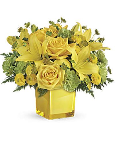 <p>Lift their spirits and brighten their day with this glowing bouquet designed to bring warmth, happiness, and cheer. Bursting with golden hues and fresh green accents, this arrangement is pure positivity in floral form.</p>
<p>The bouquet features sunny yellow roses and bright Asiatic lilies, paired with green carnations, yellow button spray chrysanthemums, and fresh bupleurum. Touches of leatherleaf fern add lush texture, while a clear glass cube vase offers a clean, modern presentation that lets the vibrant colors shine.</p>
<p>Perfect for birthdays, get-well wishes, congratulations, or simply to send happiness, this bouquet makes any occasion feel more joyful. The warm tones and fresh blooms create a gift that feels like sunshine.</p>
<p>Each arrangement is handcrafted by experienced florists and available for same-day delivery locally. Every bouquet is arranged with care and delivered fresh without third-party involvement.</p>
<p>Add a personal message during checkout to make your delivery more meaningful. With radiant colors and a mood-lifting design, this bouquet is the perfect way to brighten someone’s day. Order today to share sunshine, smiles, and fresh flowers delivered with love.</p>