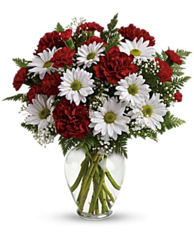 <p>Let someone special know just how much they mean with a heartfelt bouquet filled with timeless red and white blooms. Designed to express warmth, care, and sincerity, this charming arrangement is a beautiful choice for birthdays, anniversaries, or simply sharing kindness when words aren’t enough.</p>
<p>This sweet and traditional bouquet features vibrant red carnations, red miniature carnations, and cheerful white daisy spray chrysanthemums. Delicate baby’s breath adds a soft, airy touch, while leatherleaf fern provides lush green contrast. Arranged in a spring garden vase, the design is simple, elegant, and filled with genuine sentiment.</p>
<p>This bouquet is perfect for friends, family, or romantic occasions where love and appreciation are sent in a classic, memorable way. The red and white palette symbolizes deep affection and enduring kindness, making it a thoughtful gesture for any meaningful moment.</p>
<p>Each arrangement is carefully handcrafted with attention to detail and made fresh to order. Same-day delivery is available locally, ensuring your bouquet arrives full, fresh, and beautifully presented.</p>
<p>You can add a personal note at checkout to make your gift even more special. This bouquet sends more than flowers—it shares a message of love and lasting appreciation.</p>