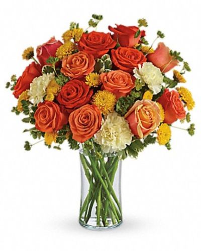 <p>Bring the warmth of a summer day indoors with a cheerful bouquet brimming with sunny hues and uplifting energy. Inspired by the refreshing brightness of lemonade and citrus groves, this vibrant arrangement is the perfect way to celebrate life’s happiest moments.</p>
<p>This radiant design features a lively mix of dark orange, coral, and orange roses, paired beautifully with light yellow carnations and yellow button spray chrysanthemums. Lush greenery adds contrast and volume, enhancing the warm, golden tones of the flowers. All of it is gathered in a tall, slender vase that shows off the colors and textures to full effect.</p>
<p>This bouquet is perfect for summer birthdays, housewarmings, congratulations, or to brighten someone’s day for no reason at all. The palette is bold and joyful, making it a go-to choice when you want to send happiness, energy, and a little sunshine their way. Whether celebrating from near or far, it’s a gift that radiates good vibes.</p>
<p>Each bouquet is professionally arranged with care by expert florists. Same-day delivery is offered throughout local neighborhoods to ensure your gift arrives fresh and vibrant.</p>
<p>Add a personalized message at checkout to make your delivery even more thoughtful. This bouquet is more than flowers—it’s a mood-lifting surprise that delivers color, fragrance, and warmth right to their door.</p>
