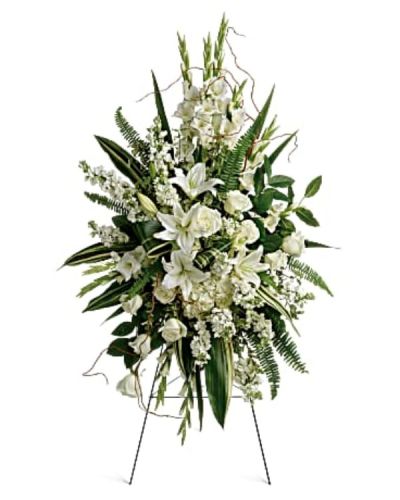 <p>Offer a serene and graceful expression of sympathy with a floral tribute designed to bring comfort and peace during difficult times. This beautiful standing spray honors a cherished life with quiet elegance and thoughtful care.</p>
<p>The arrangement features a harmonious blend of white hydrangea, white roses, oriental lilies, gladioli, and stock. Complemented by pitta negra, sword fern, curly willow, variegated aspidistra leaves, and lemon leaf, the bouquet presents a lush and textured design that exudes calm and reverence. Delivered on a wire easel, it offers a dignified and respectful display.</p>
<p>Ideal for funerals, memorial services, or as a heartfelt sympathy gesture, this tribute conveys respect and sincere condolences. Its all-white palette symbolizes purity, peace, and eternal remembrance, making it an appropriate expression of sympathy from family, friends, or business associates.</p>
<p>Each arrangement is carefully handcrafted by skilled florists who select fresh, high-quality blooms and arrange them with artistry and precision. Prepared and delivered promptly, the tribute arrives fresh and thoughtfully arranged to convey your deepest sympathies. Personalized messages can be added at checkout to accompany this touching floral gift and deepen its meaning.</p>
<p>Sending this standing spray means offering more than flowers—you share a meaningful symbol of love, remembrance, and support. It stands as a lasting tribute that speaks from the heart, honoring the memory of a cherished life with grace and compassion.</p>