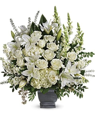 <p>Bring hope and inspiration to someone’s day with a bouquet that captures the serene beauty of a sunrise. This pure and elegant arrangement is designed to uplift spirits and offer comfort through its fresh, white blooms, making it a thoughtful expression of peace and renewal.</p>
<p>The bouquet features a stunning combination of white hydrangea, white roses, oriental lilies, snapdragons, and stock. Accented with lush greenery including huckleberry, seeded eucalyptus, spiral eucalyptus, green ti leaves, and lemon leaf, the arrangement creates a rich and balanced display that conveys harmony and grace.</p>
<p>Perfect for sympathy, encouragement, or any moment calling for hope and fresh beginnings, this all-white palette symbolizes purity and the gentle promise of brighter days ahead. Its serene composition offers a peaceful presence that brings solace and comfort to those who receive it.</p>
<p>Each bouquet is carefully handcrafted by skilled florists who select only the freshest blooms to ensure lasting beauty and vitality. Prepared and delivered promptly, the arrangement arrives fresh and beautifully arranged, ready to convey your heartfelt sentiments. Personalized messages can be added at checkout to accompany this meaningful gift.</p>
<p>Sending this arrangement means offering more than flowers—you share a symbol of hope and heartfelt inspiration. It stands as a timeless tribute that uplifts, comforts, and inspires, making it a perfect choice for expressing care and compassion during life’s most tender moments.</p>