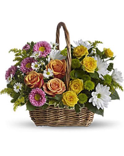 <p>Send a wave of peace and happiness with this colorful floral basket designed to lift spirits and brighten any room. With its garden-fresh charm and cheerful hues, this bouquet offers comfort, joy, and a smile in one thoughtful gift.</p>
<p>The arrangement features a blend of orange and yellow roses, pink matsumoto asters, white daisies, green button mums, and white monte cassino asters. Accented with solidago, salal, and variegated pittosporum, it is presented in a handled basket that’s both practical and beautiful. Easy to move and love, this basket brings the warmth of a blooming garden indoors.</p>
<p>Perfect for sending well wishes, offering sympathy, celebrating birthdays, or simply saying “I’m thinking of you,” its soft and colorful tones create a balanced mix of comfort and joy, making it versatile for many occasions.</p>
<p>Each bouquet is handcrafted by trusted local florists and available for same-day delivery locally. Every order is arranged with care and delivered fresh, with no outsourcing or shortcuts.</p>
<p>Add a custom message during checkout to personalize your gift. This basket brings the calm and color of nature into any space, making it a comforting and joyful surprise for someone who needs it most.</p>
<p>Order today to deliver a little peace, beauty, and brightness in a basket.</p>