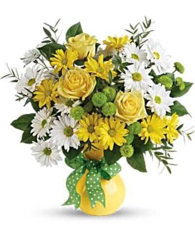 <p>Deliver a dose of sunshine and smiles with a joyful bouquet that radiates happiness. With its bright blooms and whimsical styling, this arrangement is perfect for turning any day into a celebration.</p>
<p>A happy mix of white and yellow daisy spray chrysanthemums is paired with green button spray chrysanthemums for extra pop and texture. Accented with fresh lemon leaf and parvifolia eucalyptus, the bouquet is arranged in a bright yellow vase and topped off with a playful polka dot bow for a fun and friendly finish.</p>
<p>This bouquet is the ideal pick for birthdays, get-well wishes, thank-you gifts, or any moment that calls for lighthearted charm. Its sunny color palette and classic daisy appeal make it universally loved and suitable for all ages. It’s like sending a cheerful hello in floral form.</p>
<p>Each bouquet is thoughtfully designed and handcrafted with care. Same-day delivery is available throughout the local area, ensuring your gift arrives fresh and beautifully presented.</p>
<p>Add a personalized message at checkout to let your recipient know you’re thinking of them. Send more than just flowers—you’ll send pure joy, beautifully wrapped in sunshine. Spread some smiles, one daisy at a time.</p>