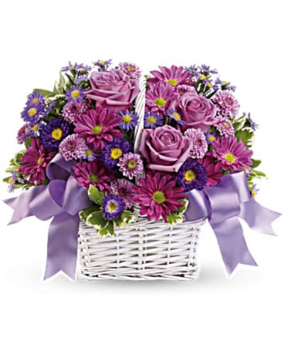 <p>Celebrate the freshness and joy of spring with a bouquet that brings brightness and happiness. This cheerful and uplifting arrangement is perfect for surprising someone who could use a joyful lift.</p>
<p>The bouquet features a charming mix of lavender daisy spray chrysanthemums, dark purple asters, lavender cushion spray chrysanthemums, and purple asters. Accented with fresh greenery, the flowers are artfully arranged to create a vibrant and harmonious display.</p>
<p>Presented in a white bamboo basket and finished with a lavender gingham ribbon, this arrangement combines rustic charm with elegant color. It is a perfect gift for birthdays, thank-you gestures, or simply to bring a smile to someone’s day.</p>
<p>Each bouquet is handcrafted with care to ensure freshness and beauty. Same-day delivery is available to bring your thoughtful gift fresh and beautifully arranged.</p>
<p>Add a personal message at checkout to accompany your bouquet. Send more than flowers—you’re sending a burst of happiness and springtime cheer with this vibrant gift.</p>