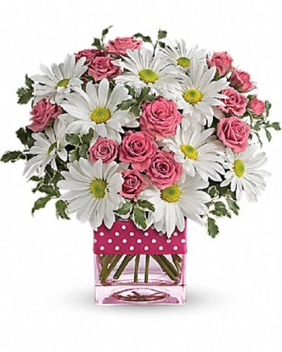 <p>Bring a playful and charming touch to any occasion with a bouquet that blends whimsy and elegance. This delightful arrangement offers a joyful and thoughtful expression, perfect for brightening someone’s day and bringing a smile to their face.</p>
<p>The bouquet features soft pink spray roses paired with crisp white daisy spray chrysanthemums. These classic blooms are arranged in a stylish pink vase and finished with a polka-dot satin ribbon, creating a cheerful and modern presentation that adds a fun and vibrant flair.</p>
<p>Ideal for birthdays, thank-you gifts, or simply to say “thinking of you,” this bouquet combines timeless floral beauty with a fresh, playful twist. Its bright colors and charming details make it a memorable gift suited for friends, family, or loved ones on a variety of occasions.</p>
<p>Each arrangement is handcrafted with care by experienced florists who select the freshest flowers to ensure lasting beauty and quality. Prepared and delivered promptly, the bouquet arrives fresh and beautifully styled, ready to convey your thoughtful sentiments. Personalized messages can be added at checkout to accompany your gift and deepen the meaning.</p>
<p>Sending this bouquet means offering more than flowers—you share a joyful expression of care and happiness. It stands as a vibrant symbol of affection and thoughtfulness, bringing warmth and cheer to those who receive it.</p>