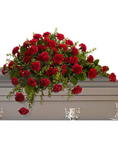 <p>Honor a cherished life with the timeless beauty of this refined casket spray, a floral arrangement that speaks with quiet strength and heartfelt sincerity. Composed of vivid red carnations and lush greenery, this elegant half-couch spray offers a dignified expression of love, remembrance, and enduring devotion.</p>
<p>Rich red carnations form the heart of this arrangement, symbolizing admiration, loyalty, and deep affection. Their bold color and uniform beauty create a striking visual presence that is both respectful and moving. Accented with fresh oregonia and salal, the greenery provides a natural frame that enhances the vivid red blooms and adds texture and fullness to the design.</p>
<p>Perfect for both open and closed casket services, this spray is a traditional and meaningful choice for expressing lasting love and respect. Its simplicity and elegance make it well suited for honoring a spouse, parent, or close family member whose memory will always be treasured.</p>
<p>Each spray is handcrafted with care by skilled florists, arranged with attention to detail and compassion. Same-day delivery is available to funeral homes and service venues to ensure your tribute arrives fresh, beautiful, and on time.</p>
<p>Include a personal note of sympathy at checkout to share your message of remembrance. Honor a life well lived with a graceful farewell that reflects your deepest emotions and lasting love.</p>