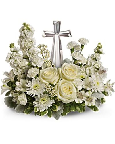 <p>Offer solace and serenity with a beautifully composed sympathy arrangement that surrounds a radiant crystal cross with soft, pure white blooms. This thoughtful tribute brings comfort, light, and spiritual reflection to those mourning the loss of a loved one.</p>
<p>This elegant bouquet features a fragrant mix of white roses, alstroemeria, stock, carnations, and waxflower. Accented with dusty miller and variegated pittosporum, the flowers are artfully arranged around a crystal cross keepsake—an inspiring centerpiece that adds meaning beyond the blooms.</p>
<p>This arrangement is an ideal expression of sympathy, faith, and remembrance. Whether sent to a memorial service, funeral, or directly to the home, it offers both comfort and beauty in a time of grief.</p>
<p>Each bouquet is handcrafted with care and compassion by expert florists. Same-day delivery is available throughout the local area to ensure your tribute arrives fresh and beautifully arranged.</p>
<p>Add a personal message of condolence at checkout to accompany this graceful tribute. Send more than flowers—offer a keepsake of faith and a heartfelt expression of support with this meaningful arrangement.</p>