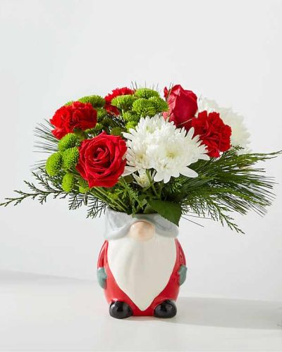 <p>Spread festive cheer with the playful charm of the Ho Ho Gnome Bouquet. Bursting with classic holiday colors and joyful character, this whimsical arrangement is the perfect way to brighten someone’s Christmas celebration and bring a smile to their season.</p>
<p>Featuring vibrant red roses and crisp white blooms, the bouquet is accented by lush seasonal greenery and arranged inside a fun, Santa-themed keepsake vase. The cheerful design adds warmth, whimsy, and a touch of magic to any holiday setting.</p>
<p>Ideal for Christmas gatherings, festive décor, or sending joyful wishes to friends and loved ones, the Ho Ho Gnome Bouquet delivers holiday happiness with every bloom.</p>
<p>Each arrangement is handcrafted by expert local florists using fresh, seasonal flowers. Some blooms may arrive in bud form to preserve freshness and extend enjoyment. Local delivery is available to ensure your gift arrives ready to light up the season.</p>
<p>Send the Ho Ho Gnome Bouquet today to share merry moments, festive flair, and bright holiday smiles.</p>