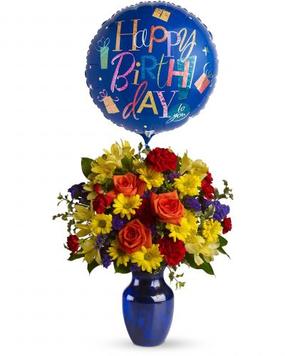 <p>Send birthday cheer that truly takes flight with a fun and colorful bouquet paired with a cheerful birthday balloon. Bursting with bright primary colors, this arrangement is the perfect way to make someone’s special day feel even more vibrant. Whether sent to a friend, family member, or colleague, it is sure to bring big smiles and lasting memories.</p>
<p>This joyful design features a bold mix of red, yellow, and blue blooms—such as roses, daisies, carnations, or other seasonal favorites—arranged in a lively, eye-catching style. Tied together with a helium-filled birthday Mylar balloon, this bouquet makes an unforgettable entrance and a festive centerpiece for any celebration.</p>
<p>This arrangement is perfect for anyone, young or young-at-heart, and suits birthdays of all kinds—from milestone parties to thoughtful surprises. Its bright palette and playful presentation make it a go-to choice for celebrating with style and making someone feel truly seen.</p>
<p>Carefully handcrafted with premium blooms and festive finishing touches, each bouquet is made fresh to order. Same-day delivery ensures the birthday surprise arrives ready to wow and brighten the celebration.</p>
<p>You can add a personal message at checkout to make the gift even more meaningful. This arrangement sends more than flowers—it delivers fun, celebration, and heartfelt joy.</p>