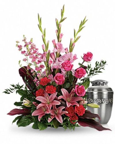 <p>Express your heartfelt sympathy with a floral tribute that conveys love, grace, and remembrance. This feminine and touching arrangement offers a rich and beautiful reminder of affection during a memorial service.</p>
<p>The bouquet features a harmonious blend of hot pink roses, pink Asiatic lilies, pink gladioli, hot pink carnations, and pink larkspur. Accented with red ti leaves, Italian ruscus, and lemon leaf, it combines lush greenery and vibrant blooms to create a heartfelt expression of care.</p>
<p>Ideal for family, friends, or colleagues seeking a warm sympathy gift, this bouquet is designed to bring comfort and celebrate a life well loved. Please note this arrangement does not include an urn and is intended as a standalone tribute.</p>
<p>Each arrangement is handcrafted by skilled florists who ensure it arrives fresh and beautifully presented. Same-day delivery is available to provide prompt and thoughtful service.</p>
<p>Add a personal message to accompany your sympathy arrangement. This bouquet sends a tender symbol of love, respect, and remembrance.</p>