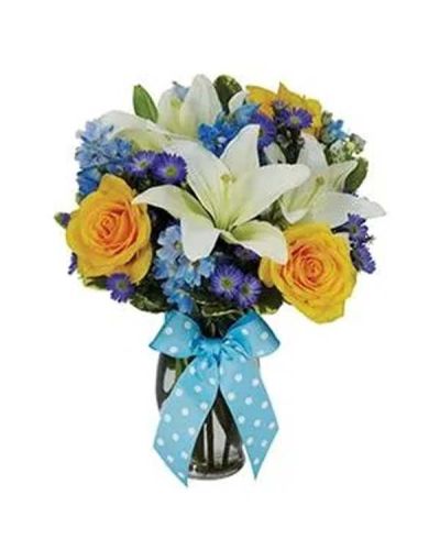 <p>Celebrate the joy of a new baby boy with a bouquet as cheerful and unique as the little one himself. The Beautiful Baby Bouquet in blue is a charming mix of fresh blooms that welcomes new life with warmth, color, and heartfelt congratulations.</p>
<p>This eye-catching arrangement features white Asiatic lilies, sunny yellow roses, blue delphinium, and soft purple Monte Casino blooms. Hand-designed in a fluted glass vase and finished with a baby blue satin ribbon, the bouquet feels joyful, elegant, and full of thoughtful detail—perfect for celebrating a brand new arrival.</p>
<p>Whether sent to a hospital room, baby shower, or the family’s home, the vibrant mix of colors and textures symbolizes happiness, hope, and the beginning of a beautiful journey. It is a memorable and meaningful way to say “Congratulations” with style and heart.</p>
<p>Each Beautiful Baby Bouquet in blue is handcrafted by expert florists with care and attention. Same-day delivery is available throughout local communities, ensuring your thoughtful gesture arrives fresh and on time.</p>
<p>Add a personal message at checkout to welcome the new baby and congratulate the growing family. With its mix of charm and celebration, this bouquet is a lovely way to mark a moment they will never forget.</p>