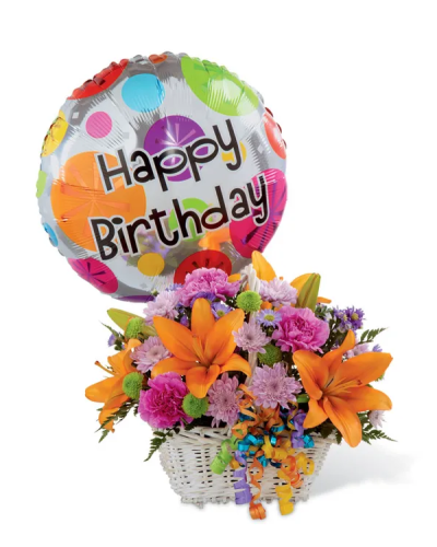 <p>Bring birthday cheer to life with a floral arrangement that feels like a party in full bloom. This playful basket is filled with bold colors, festive details, and a joyful spirit designed to make anyone’s special day even brighter. From its first impression to its lasting fragrance, this bouquet celebrates with every petal.</p>
<p>The arrangement includes a lively mix of orange Asiatic lilies, lavender chrysanthemums, lavender carnations, purple monte casino asters, green button poms, and lush greenery. Each flower is carefully selected for color, texture, and freshness, creating a design that bursts with personality. Arranged in a whitewashed willow basket with a handle, the bouquet is accented with curling ribbons and topped off with a cheerful “Happy Birthday” mylar balloon.</p>
<p>This floral gift is perfect for birthdays of all kinds, whether you're celebrating a friend, family member, coworker, or anyone who deserves a splash of color and fun. Its vibrant tones and garden-fresh look make it a standout choice that feels both thoughtful and full of life. The combination of blooms, ribbons, and balloon delivers instant celebration in one delightful package.</p>
<p>Handcrafted with care, each basket is arranged with attention to balance, movement, and cheerful presentation. The rustic charm of the basket contrasts beautifully with the bright flowers, creating a look that feels inviting and festive. Whether placed on a kitchen counter, office desk, or living room table, it adds a burst of joy to any setting.</p>
<p>Let this floral basket deliver smiles and create a lasting memory. With its colorful blooms, playful accents, and birthday balloon, it’s more than a gift—it’s a celebration delivered with heart, warmth, and a whole lot of happy.</p>