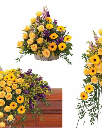 <p>Celebrate a vibrant life with a tribute that reflects the joy, color, and energy brought into the world. This sympathy trio offers a radiant collection of arrangements designed to honor a loved one with warmth, beauty, and heartfelt remembrance.</p>
<p>The set includes a vivid casket spray, a standing spray, and a coordinating basket arrangement, all bursting with bright, cheerful blooms. Featuring a mix of bold, seasonal flowers in rich, uplifting colors, each piece is arranged to create a unified, eye-catching tribute that balances comfort and celebration.</p>
<p>Ideal for families wishing to express love and gratitude through color and light, this trio suits funeral services, memorials, or celebrations of life. The vibrant palette evokes memories of laughter, kindness, and cherished moments shared with someone unforgettable.</p>
<p>Each arrangement is handcrafted by skilled florists to ensure every detail conveys care and respect. Freshness and quality are prioritized so the tribute arrives beautifully arranged and ready to offer solace and honor.</p>
<p>Add a personal message to accompany this colorful expression of love. This sympathy trio allows you to share a meaningful farewell filled with beauty, life, and lasting affection.</p>