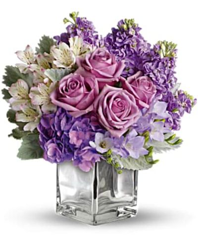 <p>Bring a touch of winter magic to someone’s day with a dreamy bouquet that sparkles with soft lavenders, snowy whites, and silvery greens. Inspired by the elegance of sugar plum fairytales, this enchanting arrangement is perfect for the holiday season or any time you want to send a little sparkle and sweetness.</p>
<p>This romantic mix features lush lavender roses, delicate white hydrangea, and soft stock blossoms, creating luxurious texture and gentle fragrance. The blooms are artfully arranged with subtle seasonal greens in a sleek, clear glass cube vase, offering a cool, modern presentation with a hint of frosty charm.</p>
<p>This bouquet is ideal for winter birthdays, holiday gatherings, thank-you gifts, or simply surprising someone who loves romantic, graceful flowers. Its pastel tones and elegant styling bring calming beauty to any setting, making it a standout centerpiece or a thoughtful gesture from the heart.</p>
<p>Each bouquet is carefully handcrafted with attention to detail and made fresh to order. Same-day delivery is available locally, ensuring your gift arrives full, fresh, and ready to dazzle.</p>
<p>You can add a personal note at checkout to make your delivery even more meaningful. This bouquet sends more than flowers—it shares a magical moment wrapped in elegance and winter romance.</p>