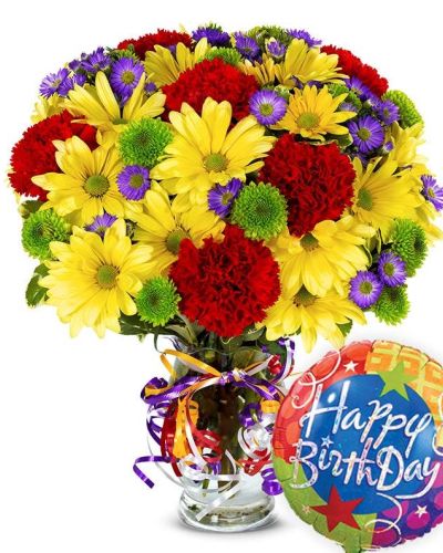 <p>Celebrate a special day in the most colorful way with a vibrant bouquet paired with a festive “Happy Birthday” balloon. This joyful arrangement is designed to deliver smiles, laughter, and a whole lot of birthday cheer.</p>
<p>Bursting with a rich variety of seasonal blooms, this bouquet features a lively mix of bright yellow, bold red, lush greens, and playful purple. Each stem is hand-selected for freshness and arranged with care in a stylish vase that’s ready to party. The birthday balloon adds an extra festive touch, making the gift feel even more personalized and celebratory.</p>
<p>Perfect for all ages, this arrangement is an ideal choice for family, friends, coworkers, or anyone who deserves to feel extra loved on their big day. The vivid hues and playful design make it a standout centerpiece for any birthday occasion.</p>
<p>Each bouquet is carefully handcrafted with attention to detail and made fresh to order. Same-day delivery ensures the gift arrives ready to brighten and celebrate the occasion.</p>
<p>You can add a custom message during checkout to send your warmest wishes along with this bright and unforgettable gift. This arrangement sends more than flowers—it delivers a complete birthday experience.</p>